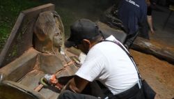 Artistas tallan esculturas en madera, en vivo
